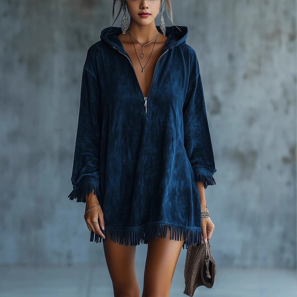 ZARA Loose Fit Hooded Half Zip Fringe Long Sleeve Deerskin Dress